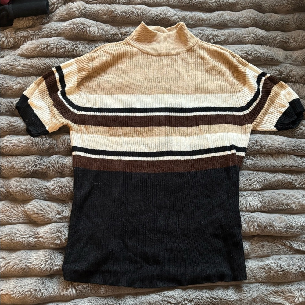 Brown, tan, black striped mock neck